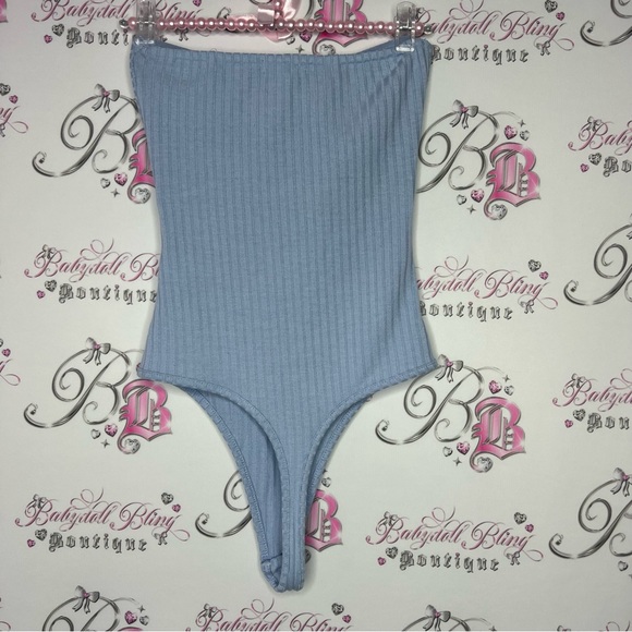 Urban heritage strapless tube top bodysuit baby blue cotton candy ribbed bow tie - Picture 5 of 6